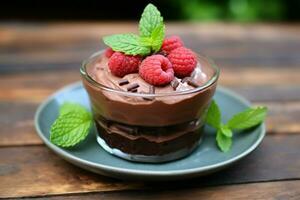 chocolate raspberry dessert with fresh mint topping. ai generated photo