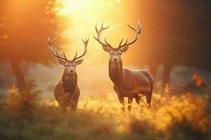 Red Deers in morning Sun. ai generated photo