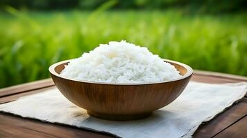 Asian white rice or uncooked white rice with the rice field back ai generate photo