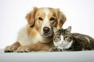 foto perro y gato en un llanura blanco antecedentes. ai generado