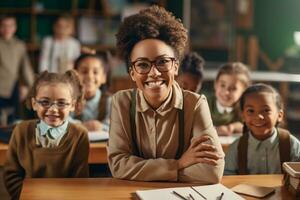 el profesor es enseñando niños a escuela. ai generado foto