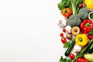 plano laico vegetales en blanco antecedentes comida y dieta concepto. ai generado foto