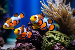 clownfish and blue malawi cichlids swimming near coral. ai generated photo