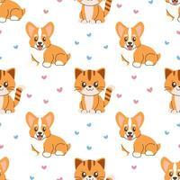 Seamless pattern pets, ginger corgi dog and kitty vector