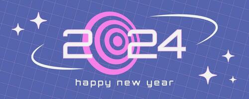 Happy New 2024 Year greeting in retro Y2K aesthetics with grid and blinks, futuristic nostalgia. Vector illustration.