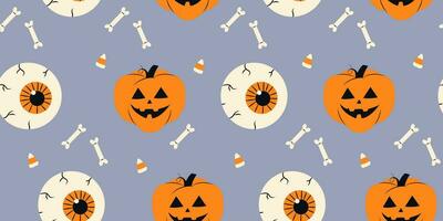 Cute Halloween seamless pattern with human eyes pumpkin and bones on a violet background. Halloween various elements. Pattern for and print design. Vector stock illustration in cartoon style.