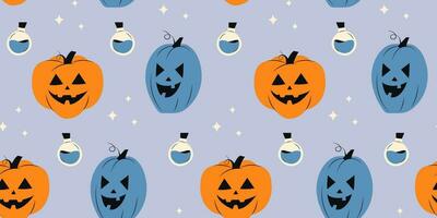 Halloween seamless pattern with pumpkins and poison bottle. Happy Halloween. Childish illustration for wrapping paper and your design. Vector stock illustration on purple background.