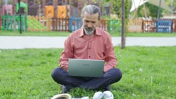 Man chatting on laptop relaxing outdoors. video