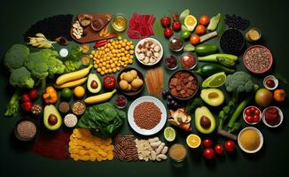 comida productos representando el nutritivo dieta. comidas alto en vitaminas, minerales y antioxidantes anti años alimentos ai generativo foto