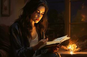 joven mujer leyendo un libro en un sofá por velas ai generativo foto