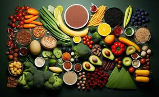 Food products representing the nutritarian diet.  Foods high in vitamins, minerals and antioxidants. Anti age foods. AI Generative photo