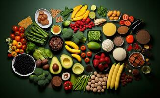 Food products representing the nutritarian diet.  Foods high in vitamins, minerals and antioxidants. Anti age foods. AI Generative photo