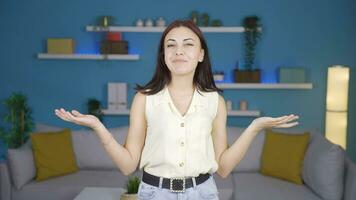 Young woman showing mind to camera. video