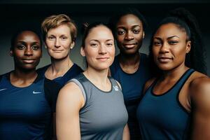 feliz, retrato mujer en Deportes atuendo posando multicultural modelos ai generativo foto