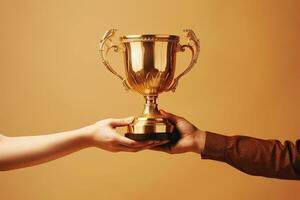 Two people holding a gold trophy. Sports, champion and hands of team with trophy for achievement, goal and success together. AI Generative photo