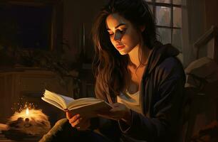 Young woman reading a book on a couch by candles AI Generative photo