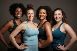 Happy, portrait women in sports attire posing. Multicultural models AI Generative photo