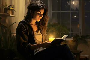Young woman reading a book on a couch by candles AI Generative photo