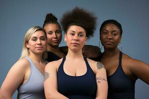 Happy, portrait women in sports attire posing. Multicultural models AI Generative photo