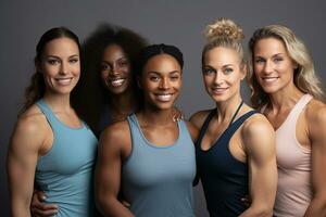 Happy, portrait women in sports attire posing. Multicultural models AI Generative photo