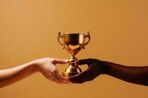 Two people holding a gold trophy. Sports, champion and hands of team with trophy for achievement, goal and success together. AI Generative photo