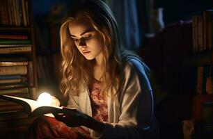 Young woman reading a book on a couch by candles AI Generative photo