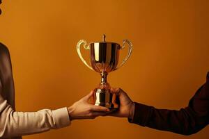 Two people holding a gold trophy. Sports, champion and hands of team with trophy for achievement, goal and success together. AI Generative photo