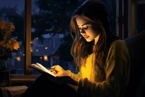 Young woman reading a book on a couch by candles AI Generative photo