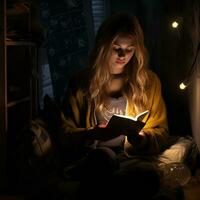 joven mujer leyendo un libro en un sofá por velas ai generativo foto