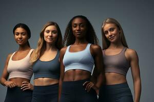 Happy, portrait women in sports attire posing. Multicultural models AI Generative photo