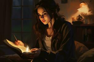 Young woman reading a book on a couch by candles AI Generative photo