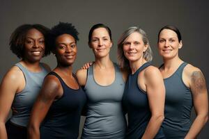 Happy, portrait women in sports attire posing. Multicultural models AI Generative photo