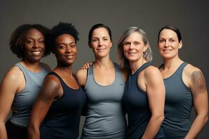 Happy, portrait women in sports attire posing. Multicultural models AI Generative photo