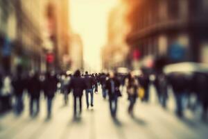 Blurred business people walking in the city scape. AI Generated photo