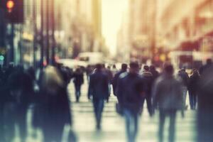 Blurred business people walking in the city scape. AI Generated photo