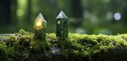 Crystals with moon phases image of moss in a mysterious forest, natural background. Generative AI photo