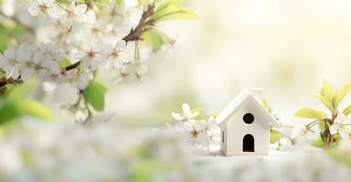 Toy house and cherry flowers, spring abstract natural background. Generative AI photo