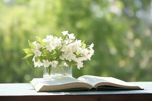 Jasmine flowers in a vase and open book on the table, green natural background. AI Generated photo