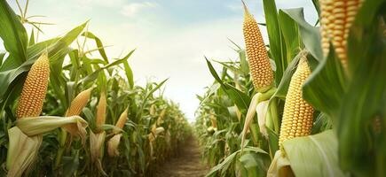 de cerca maíz mazorcas en maíz plantación campo. generativo ai foto