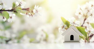 Toy house and cherry flowers, spring abstract natural background. Generative AI photo