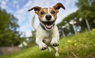 Jack rusia párroco perro correr hacia el cámara bajo ángulo alto velocidad disparo. ai generado foto