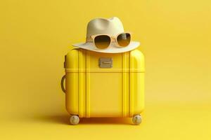 Yellow suitcase with sun glasses and hat on yellow background. travel concept. Generative AI photo