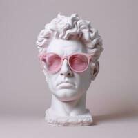 The head of a white mythological statue with fashionable pink glasses on his eyes, frame in profile. AI Generative photo