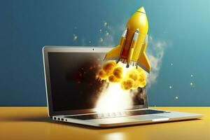 Launching a new product or service. Technology development process. Space rocket launch. 3d render. Yellow rocket lift up from the display laptop. AI Generative photo