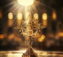 The golden monstrance with a little transparent crystal center, consecrated host. church defocused background. AI Generative photo