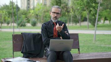 Businessman talking while looking at camera while working in the park. video