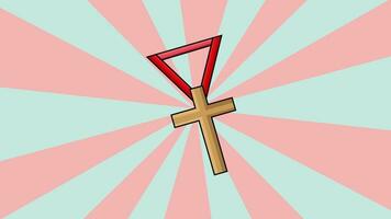 The animation forms a cross necklace icon with a rotating background video