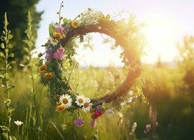 rústico flores silvestres guirnalda en un soleado prado. verano solsticio día, pleno verano concepto. generativo ai foto