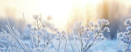 Frozen snowy grass, winter natural abstract background. beautiful winter landscape. AI Generated photo