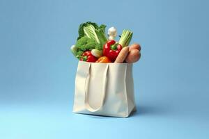 tienda de comestibles lleno bolsa. blanco compras bolso con vegetales en ligero azul antecedentes. generativo ai foto